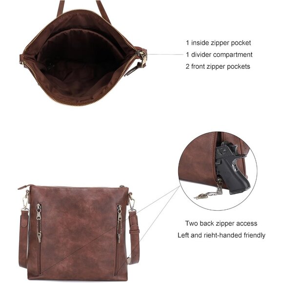 Women Large Concealed Carry Purse Vegan Leather Brown Multi-Pocket Crossbody Sty - Picture 5 of 6